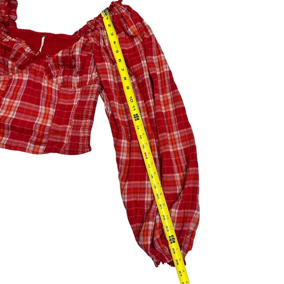 Free People Cherry Bomb Balloon Sleeve Madras Plaid Top Red Hot Medium Milkmaid - Picture 7 of 11